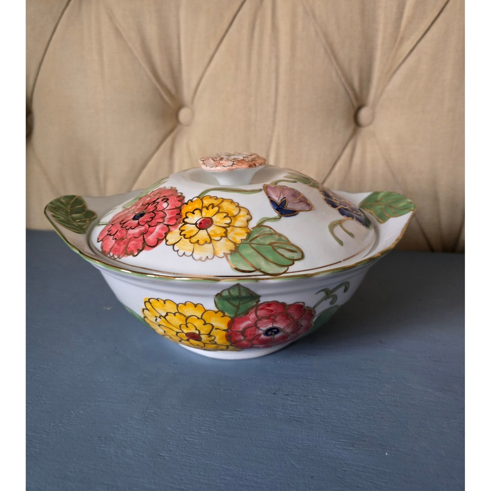 Hand-Painted Floral Covered Bowl – Vintage‎